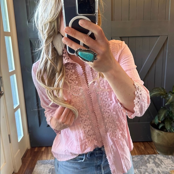 Shop_Fig Tops - New Feminine Pink Lace Button Front Blouse Top Feminine 3/4 Sleeve Shirt NWT